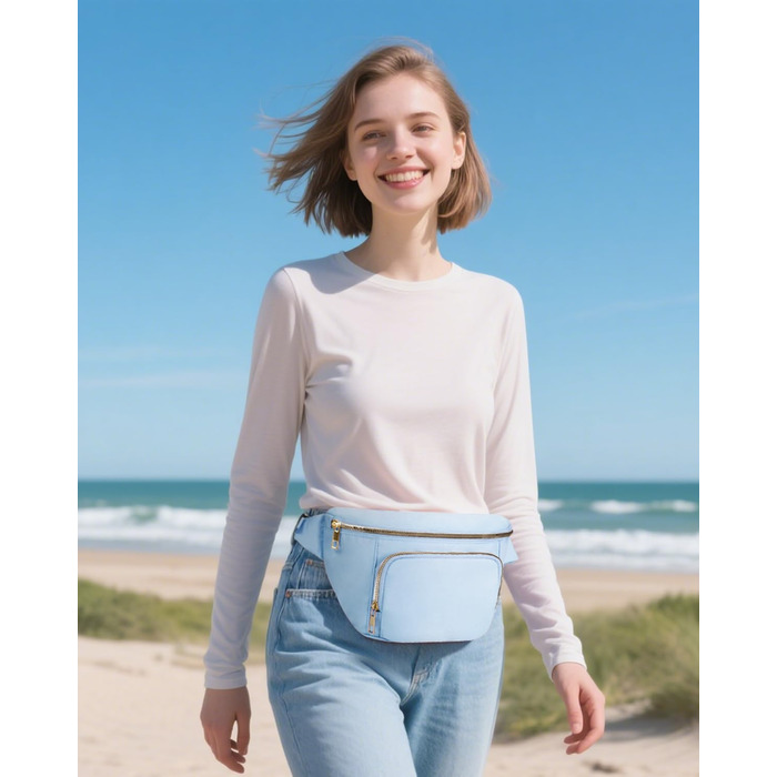 Поясна сумка для жінок та чоловіків, стильна, з 4 кишенями на блискавці та регульованим ремінцем, ідеальна для подорожей та піших прогулянок (світло-блакитна)