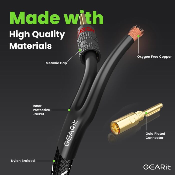 Акустичний кабель GEARit 12 AWG 10.7 м з банановими штекерами, OFC CL2 позолочені, плетений для Hi-Fi, домашнього кінотеатру, підсилювачів