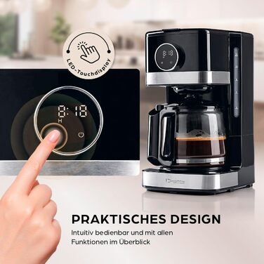 Кавомашина Barista Filterkaffeemaschine з регульованим м'яльним жорном та термокружка | Функція підігріву, таймер 24 години та постійний фільтр | Для 10 чашок кави | Кавомашина для зерен та меленої кави [Нержавіюча сталь] (10) Чорний колір - скляна колба 