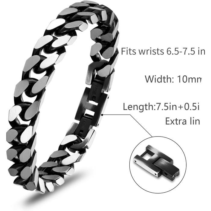 Чоловічий браслет-ланцюжок Kubanisches Gliederkettenarmband LUCKY2+7: срібло, чорний, нержавіюча сталь