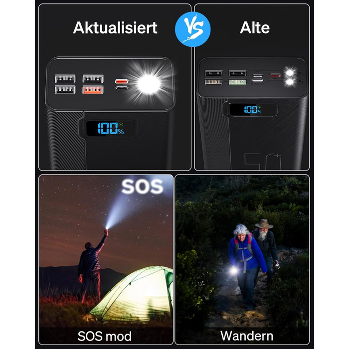 Power Bank 50000mAh 22.5W: Зовнішній акумулятор з великою ємністю, 5 USB виходів, 3 входи, чорний