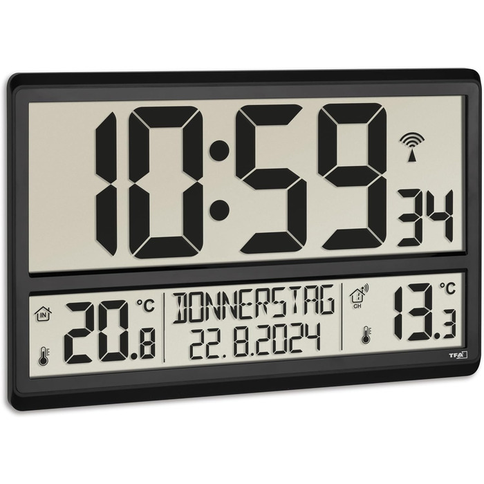 TFA Dostmann Digital XL Wall Clock, 60.4521.01, with outdoor temperature, indoor temperature, weekday (8 languages), radio clock, date, black, (L) 360 x (W) 235 x (H) 28 (84) mm