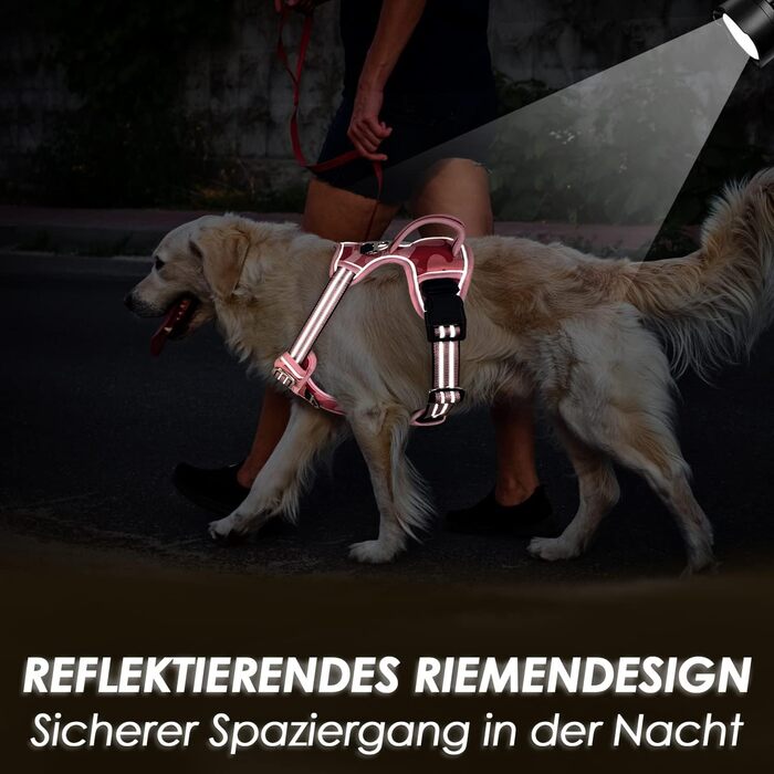 Нашийник для собак великих порід, шлейка з двома карабінами та зручною ручкою, регульована та світловідбиваюча, для щоденних тренувань (L), камуфляж рожевий