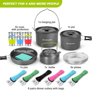 Odoland Camping Cookware Set - 6 Person Outdoor Cooking Set for Backpacking, Camping, and Picnics
