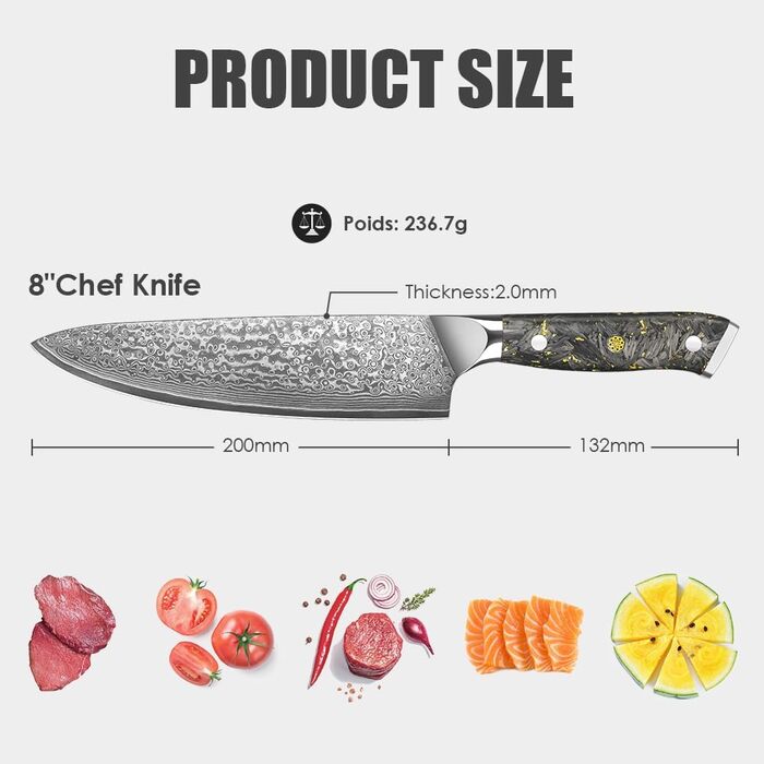 Японський ніж Kuchmesser Kyushublade з дамаської сталі (67 шарів), професійний, з унікальною ручкою з карбону та золота