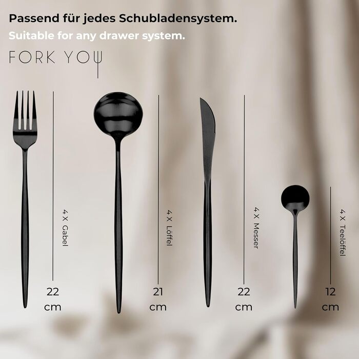 Набір столових приборів FORK YOU, 16 предметів, мідне матове покриття, нержавіюча сталь, для 4 осіб, можна мити в посудомийці, подарунковий набір у коробці
