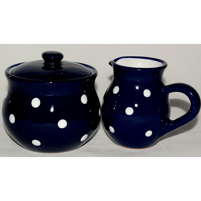 Sugar and Milk Set, Dark Blue Milk Jug and Sugar Bowl with Hand-Painted White Dots, Sugar Bowl with Lid, Creamer made of Ceramic, Dishwasher Safe.