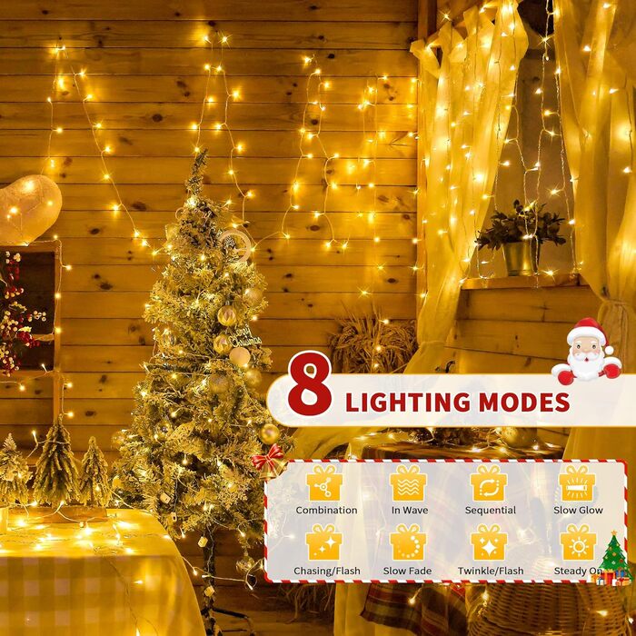 Гірлянда світлодіодна для прикраси саду, балкону, вікна, 30м, 300 LED, тепле біле світло, 8 режимів, таймер, IP44, для внутрішнього та зовнішнього використання