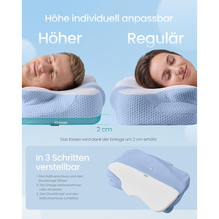 Подушка SONGMICS ергономічна з Memory Foam, регульована висота, для сну на боці, спині та животі, колір: блакитно-білий (TBP051GZ02)