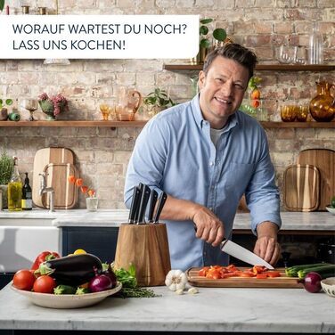 Набір кухонних ножів Jamie Oliver by Tefal (6 предметів): шеф-ніж, ніж Сантоку, ніж для хліба, універсальний ніж, ніж для овочів, блок з акації, сталь, коричневий K267S556