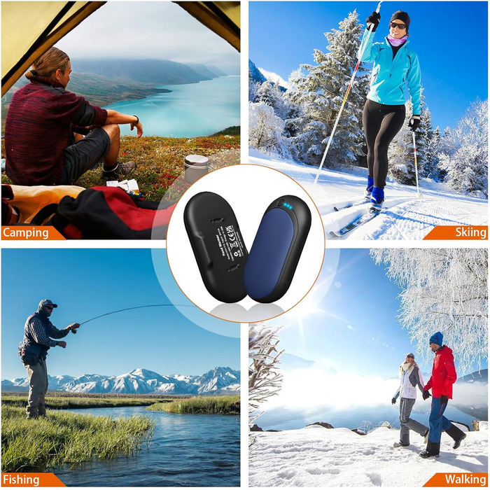 Електричний грієчка для рук, перезаряджуваний набір 2 шт. з акумулятором 6000mAh, USB-кабель, 3 режими нагріву, 20 годин тепла, перезаряджувана кишенькова пічка для активного відпочинку взимку (чорний, синій)