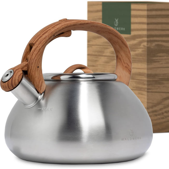 WALDWERK Water Kettle (2.3L) - Water kettle for induction and gas hob - Teapot with wood-look handle - Whistling kettle with whistle, stainless steel & plastic