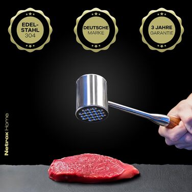 Нітрокс Fleischklopfer з нержавіючої сталі з дерев'яною ручкою - преміум-якість, для приготування шніцелів, миття в посудомийній машині, безпечний для продуктів харчування - молоток для м'яса, ніжний м'ясорубка, молоток для м'яса з нержавіючої сталі, прис