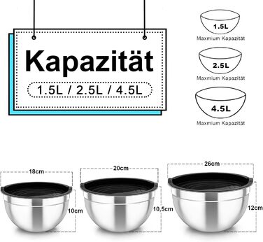Набір мисок TEAMFAR 3 шт. з нержавіючої сталі з кришкою, 4,5L/2,5L/1,5L, для випічки, приготування та сервірування, миюча посудомийна машина (Чорний)