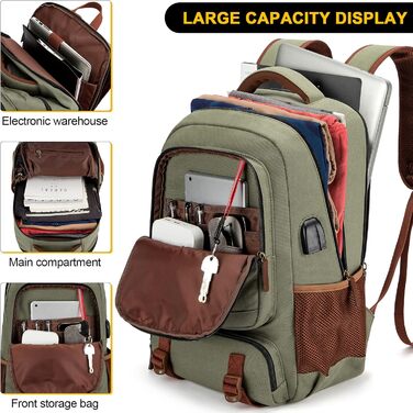 Tzowla Canvas Laptop Rucksack, Sailing Fabric Travel Backpack, Work Travel Bag for Men and Women, Backpack for 15.6-inch Laptop, Book Bag with USB Charging Port (17.3 inch, Green)