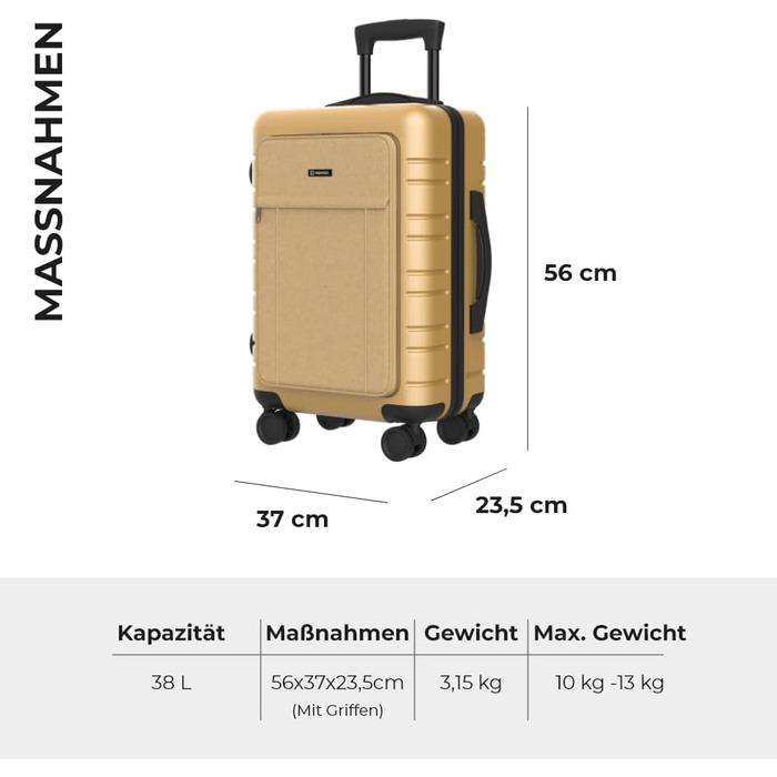 Чемодан ручної поклажі PackPro T20 (56x37x22 см) з ABS-пластику, TSA-замком та 4 колесами. Жорсткий валіз з внутрішніми відділеннями, світловідбиваючими елементами та стійким до пошкоджень кольором Champagne T40
