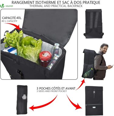 VOUNOT Shopping Cart with Stairs Climber, Cooler Compartment & Folding Seat - 3-Wheel Folding Grocery Cart (40L)