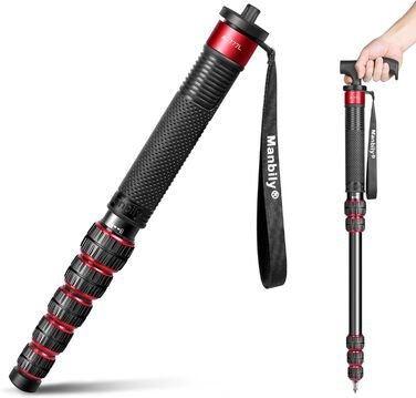 Монопод для камери Manbily 36mm, 6 секцій, 44-174см, з алюмінію, з ручкою-гніллом, до 18кг, з кріпленням для телефону, червоний