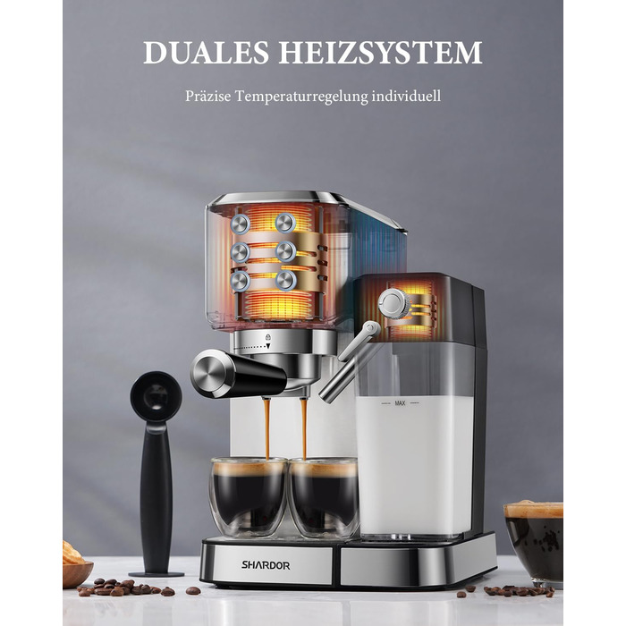 Професійна кавомашина SHARDOR для еспресо, капучино та лате макіато, 1350W, 20 Bar, нержавіюча сталь