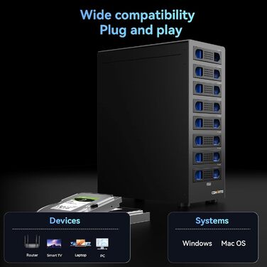 Корпус для жорстких дисків CENMATE з 8 відсіками (2.5'/3.5') SATA HDD/SSD, USB 3.0, Daisy Chain, DAS