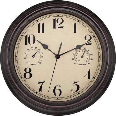 Foxtop Funk Wall Clock, Indoor Outdoor Weatherproof Wall Clock with Temperature Display and Hygrometer, No Ticking Sound Silent Retro Clock for Terrace Bathroom Kitchen Living Room Home Decor (Bronze, 30cm) (Bronze)