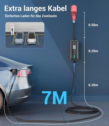 Портативний зарядний пристрій для електромобілів 22 кВт (7м) з LCD-дисплеєм, IP65, Schuko, 16A, для електромобілів та PHEV