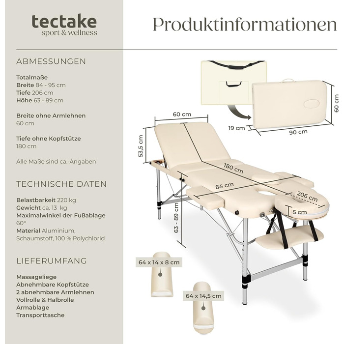 Масажний стіл Tectake®: складаний, регульований по висоті, з 3 зонами, для косметичних процедур, масажу та татуювання - білий | № 404635 (бежевий | № 404636)