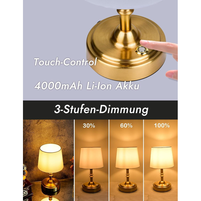 Бездротова настільна лампа з акумулятором 4000mAh, тепле світло 2700K, сенсорне управління, з адаптером/кабелем, для спальні, подарунок (золотиста)