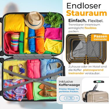 Чемодан KESSER® середній, жорсткий корпус, вага + бірка для багажу | Валіза-роликовий чемодан з кодовим замком, 4 колеса, ABS, телескопічна ручка (66x45x28см / 84 літри, шампань) 66см - 84Л шампань