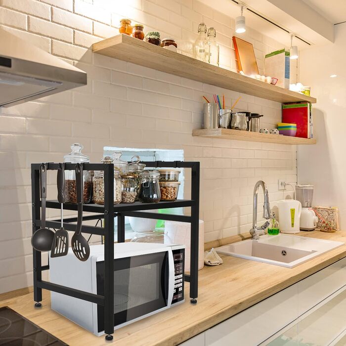 Підставка для мікрохвильової печі Todeco, 2-ярусна, чорна, з 6 гачками, регульована (36-60) x 36 x 44 см, до 25 кг