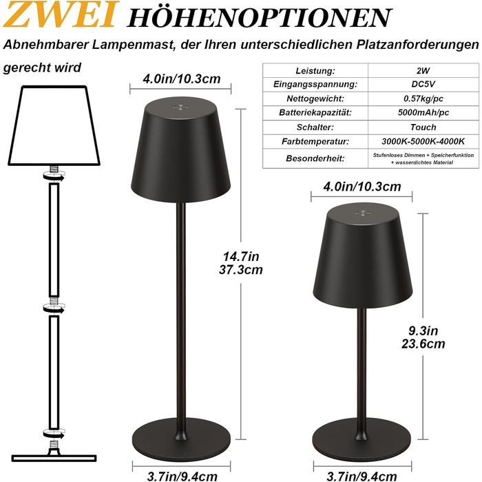 Набір з 2 бездротових настільних світильників LED з акумулятором, сенсорне регулювання яскравості, 3 режими кольору, USB-C зарядка для спальні, столу, кемпінгу (Чорний)