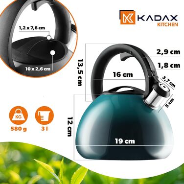 Чайник KADAX з нержавіючої сталі, 3л, з свистком, ретро-дизайн, блакитний