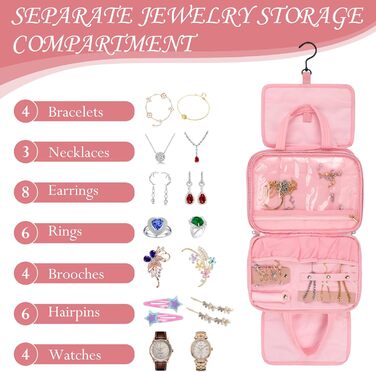 Кришталево-рожева дорожня косметичка для жінок з організатором для прикрас та гачком, водонепроникна, з кількома відділеннями