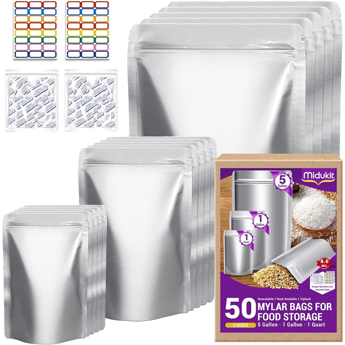 Mylar bags with oxygen absorbers for food, 43.5 x 71 cm, 25 x 35 cm, 1 Quart 15 x 22 cm, 8.6 Mil, Mylar bags with oxygen absorber 23000cc + Labels, vacuum sealer bags (50 pieces)