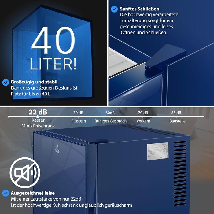Міні-холодильник KESSER® Minibar 40L з дверцятами з прозорого скла, Navy Blue - ідеальний для кемпінгу, офісу, спальні, готелю, кухні. Безшумний, з можливістю зміни дверцят та внутрішнім освітленням, з відкривачем для пляшок.