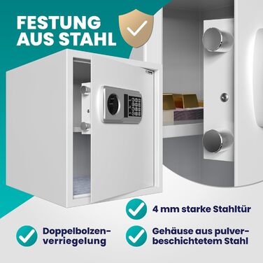DEUBA® XXL електричний сейф 35x40x40 см, 4 мм, з подвійними сталевими болтами, внутрішнім освітленням, монтажним комплектом. Сейф для документів, меблевий сейф, срібний