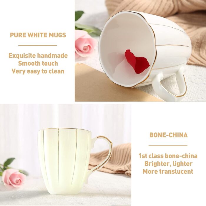 DUJUST Coffee Mug Set of 4 (400ml), Luxurious British Style with Handcrafted Golden Accents, Premium Bone China Cup Set in White and Gold for Coffee & Tea, Beautiful & Elegant