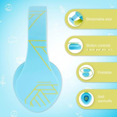 Дитячі навушники PowerLocus Bluetooth з обмеженням гучності 85dB, складні, з чохлом, Over-Ear, бездротові та з кабелем, з мікрофоном, Micro-SD, для телефону, ПК, планшета, зелені (синьо-зелені)