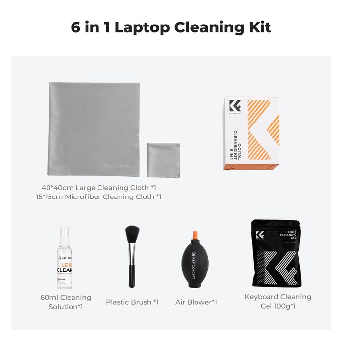 Набір для чищення ноутбука та екрану K&F CONCEPT 6 в 1: гель, спрей, серветка, стік, повітряний дюйма. Сумісний з ПК та телевізором
