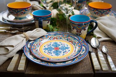 Набір посуду Euro Ceramica Zanzibar Collection, 16 предметів, для кухні та їдальні, на 4 особи, з іспанським квітковим візерунком, блакитно-жовтий посудовий набір
