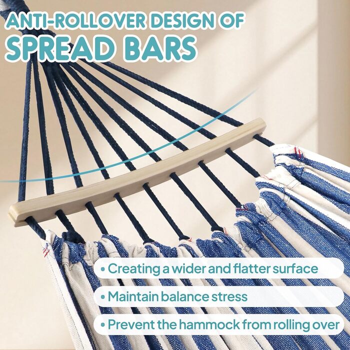 Гамак садовий ANYOO з дерев'яною перекладиною, портативний, блакитно-білий. Для тераси, саду, пляжу