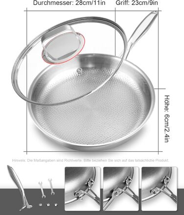 Сковорода з нержавіючої сталі 28 см, антипригарна, з кришкою, 18/10, для індукційних плит, енергоефективна, без PTFE та PFOA