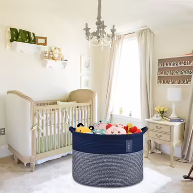COMSE Extra Large Ceiling Basket, Woven Laundry Basket, 55 x 35 cm, Kids' Room, Cotton Rope, Laundry Basket, Living Room, for Storing Toys, Clothes, Towels, Black/Gray (Navy Blue)