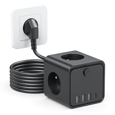 Мережевий фільтр подовжувач 7 в 1 з USB-портами, 3 розетки, з вимикачем, кабель 2 м, чорний — для дому та офісу
