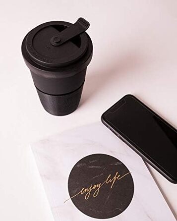 Mahlwerck Coffee-to-go Mug, Porcelain Coffee-to-go Cup with Leak-proof Lid, Design, Grey, 400ml (1 Piece (1-Pack), Black)