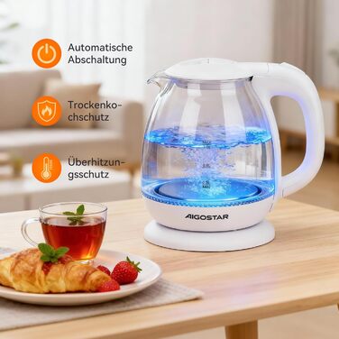 Електричний чайник Aigostar зі скла, 1 л, 2200W, LED-підсвічування, автоматичне відключення, захист від сухого кипіння, BPA Free, білий