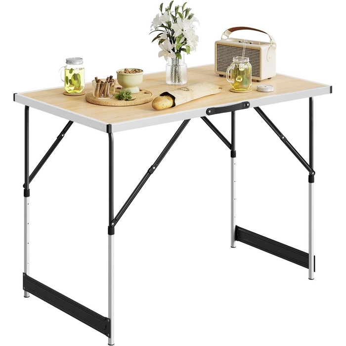 Складаний столик Woltu для кемпінгу та відпочинку на природі 100x60 см, регульована висота, алюмінієвий каркас з MDF, для кемпінгу, саду, заходів та ринків (світлий дуб)