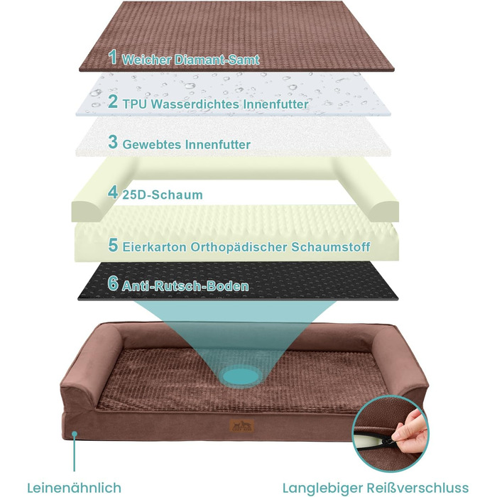 Ортопедичне ліжко для собак маленьких порід, водонепроникне диван-ліжко з бортиками, з підтримуючою піною, зручне ліжко для домашніх тварин з знімним, пральним чохлом, водонепроникний наповнювач, антиковзаюче покриття (107 x 76 x 19 см, Колір: Коричневий)