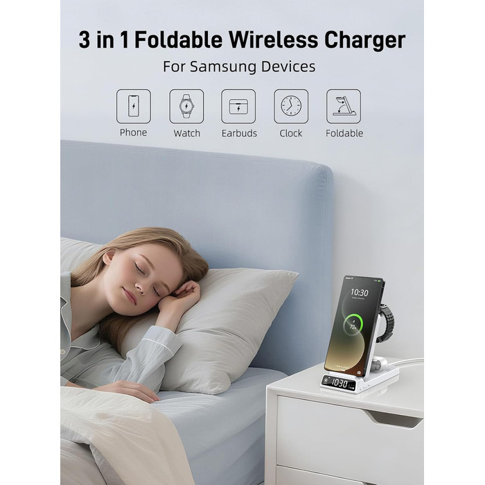 Бездротова зарядка для Samsung з годинником: станція для Galaxy S25 Ultra/S24/Z Fold 6/Flip 7/Bud, Watch, серій 8/7/6/5Pro, 3 в 1, сірий (білий)
