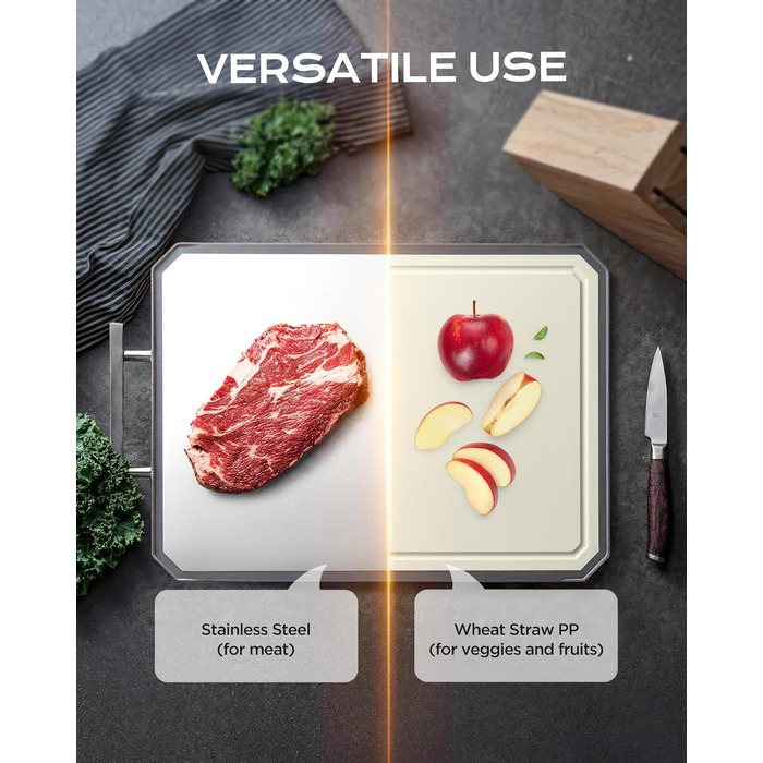 Нержавійна дошка для нарізання SNOWCLAD з пшеничного полова та поліпропілену, 40.6 x 27.9 см, велика, для м'яса, безпечна, для кухні, миється в посудомийній машині